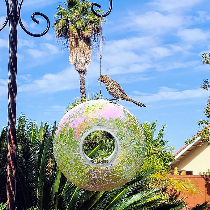 DUSVALLY 9" H Round Fly Through Bird Feeder for Wild Bird Seeds, Crackled Glass Mosaic Outdoor Hanging Feeder for Decorative in Outdoor Garden & Yard, Attracting Wild Birds, Green