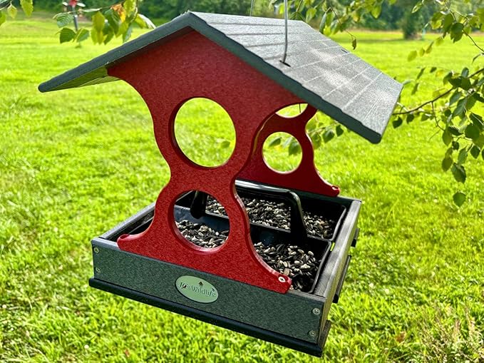 JCS Wildlife Medium Poly Fly-Thru Bird Feeder w/Removable Seed Tray - Holds 4 Cups of Bird Seed to Attract Cardinals, Chickadees, and More Backyard Birds (Gray and Red)