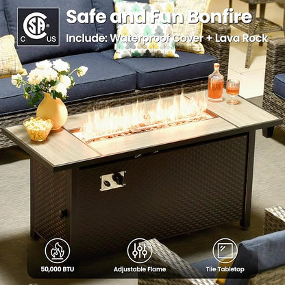 ovios 9 Pieces Patio Furniture Set with 54" Fire Pit Table, Outdoor Sofa Couch with Solar Lights Table Comfy Cushions, Modern Deep Seat Wicker Rattan Conversation Set, Denim Blue