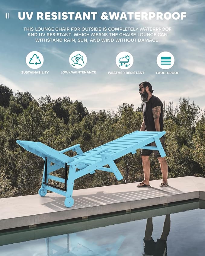 SERWALL Patio Chaise Lounge Chair Set of 2, 78'' Long 5-Positions Adjustable HDPE Outdoor Lounge Chair for Pool, Poly Lounge Chair with Rolling Wheels & Cup Holder for Poolside, Deck, Light Blue