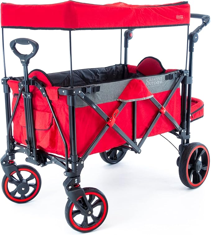 Creative Outdoor Push Pull All-Terrain Collapsible Folding Stroller Wagon for Kids, 150lbs Weight Capacity, Platinum Series, Beach, Park, Garden & Tailgate, (Red)