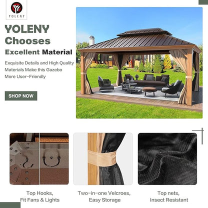 YOLENY 12' x 16' Hardtop Gazebo, Wood-Looking Gazebo with Galvanized Steel Double Roof, Aluminum Frame with Netting and Curtains for Deck, Backyard, Patio and Lawns