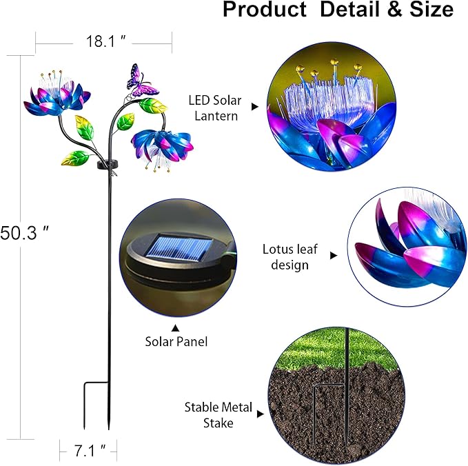 50'' Solar Powered Kinetic Wind Spinner Sculpture Blue Lotus Metal Stake Spinner for Patio, Lawn and Garden Decor Weather Resistant Outdoor Art with Dual Lotus with Butterfly Design