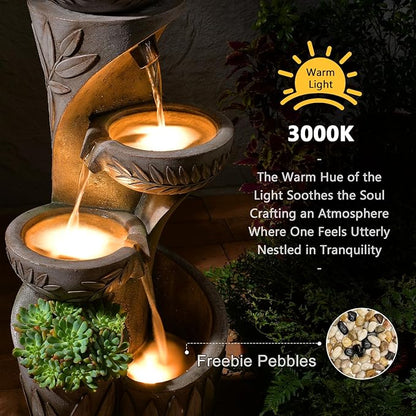 35.6" H Outdoor Water Fountain - Relief Leaf Design 4 Tiers Modern Cascading Bowls and Garden Fountains with Lights for Patio, Deck, Porch, Lawns, Backyard and Home Art Decor