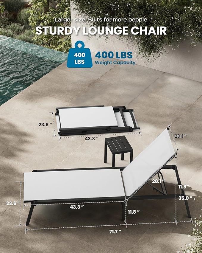 Foldable Pool Lounge Chairs, Aluminum Chaise Lounge Outdoor with 5 Positions Recliner - Free Assembly - Patio Lounge Chair for Poolside, Beach (White)