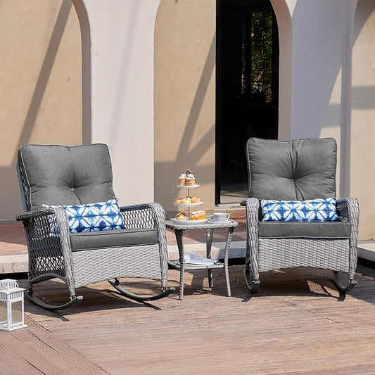 UDPATIO 3 Piece Patio Furniture Set, Wicker Rocking Bistro Set with 2 Rockers, 1 Side Table and 4‘’ Thick Cushions for Backyard, Porch, Balcony, Poolside, Porch, Balcony, Poolside, Grey