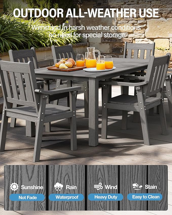 YEFU HIPS Patio Table Set: 7 Piece Outdoor Table and Chairs Dining Furniture Set with Umbrella Hole - Gray Modern Plastic Dining Sets 6 Person for Outside Deck with Metal Aluminum Frame
