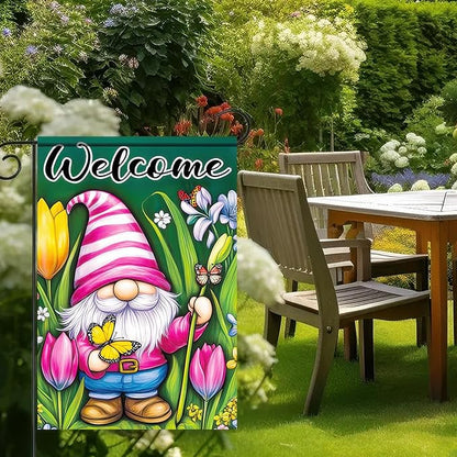 Spring Garden Flag 12x18 Inch Double Sided Cute Gnome Butterfly Outside Holiday Yard Welcome Spring Yard Flags Seasonal Decorations of Turmeric Flowers Outside Holiday Farmhouse Flag
