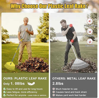 Plastic Leaf Rake for Lawns - Lightweight & Easy Yard Rakes for Leaves, Grass, Pine Needles,Gardening,Heavy Duty 16.5''Wide Garden Rake with Adjustable Handle (35''-75'') for Women,Seniors,Kids