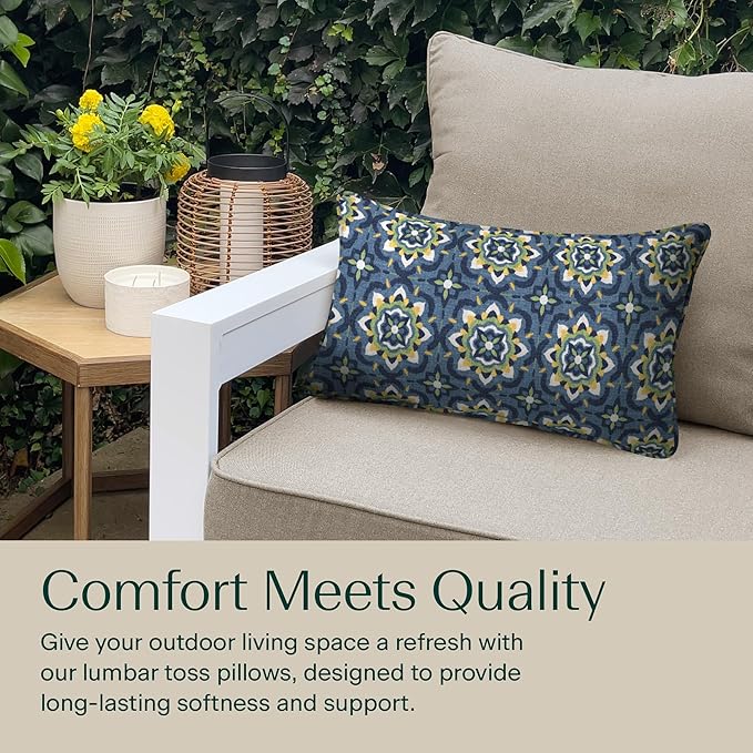 Honeycomb Outdoor Lumbar Toss Pillow Set, 22" W x 12" L, Medina Medallion Blue Lumbar Outdoor Pillows