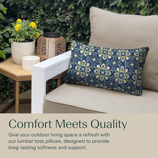 Honeycomb Outdoor Lumbar Toss Pillow Set, 22" W x 12" L, Medina Medallion Blue Lumbar Outdoor Pillows