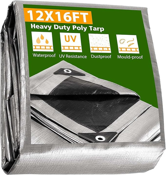 Yescom 12x16Ft 14 Mil Heavy Duty Reinforced Poly Tarp Reversible Waterproof Tarpaulin Ground Sheet Cover Reversible Silver Black Tarps