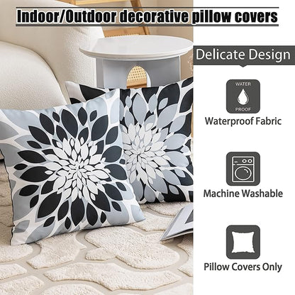 Qahing Pack of 4 Outdoor Waterproof Pillow Covers 16x16 Decorative Outdoor Throw Pillows Garden Square Cushion Cases for Patio Furniture, Couch, Tent Sunbrella, Bench, Black Grey