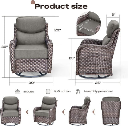 Rilyson 6 Piece Outdoor Patio Swivel Rocker Chairs, Waterproof Wicker, High Back, Deep Seating, Wide Armrest, Upgraded 6 inch Thick Cushions, Side Table, Ideal for Deck Porch Yard, Brown/Grey
