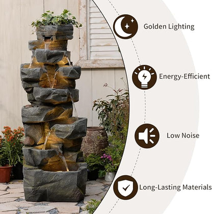 58“H Outdoor Garden Water Fountain 6 Tiers Large Cascading Rock Natural Waterfall Outdoor Fountain with LED Lights for Patio Porch Backyard Home Art Decor