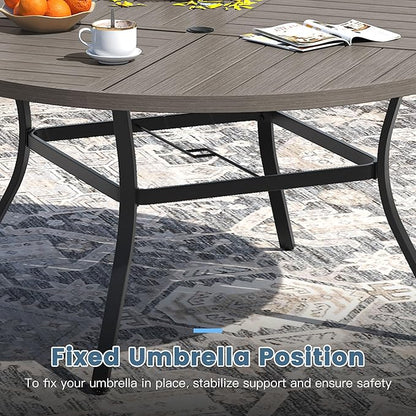 DIFY 59.8" Round Outdoor Patio Dining Table for 8-10, All-Weather Metal Steel Slatted Patio Table with 1.57" Adjustable Umbrella Hole, for Lawn Garden Porch Backyard, Grey Wood-Like