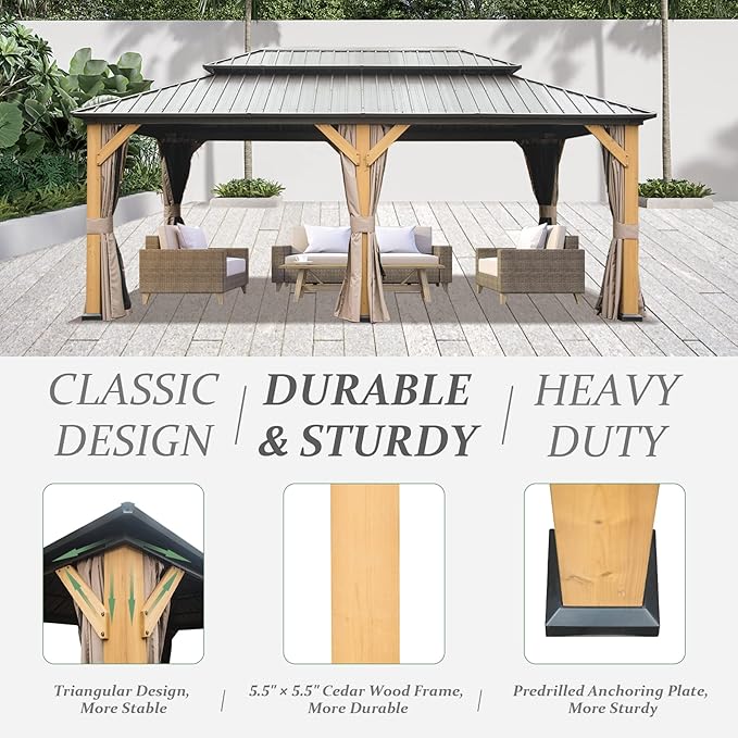 Domi 12' X 20' Wood Gazebo, Cedar Frame Hardtop Gazebo with Galvanized Steel Double Roof, Netting & Curtains, Patio Pergola Pavilion for Patio, Backyard, Deck, Lawns