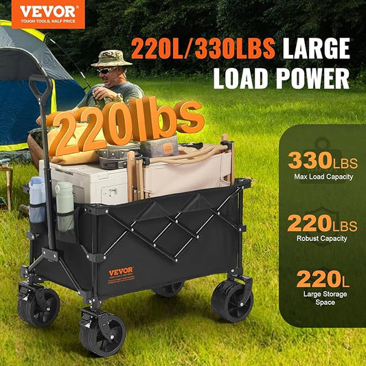 VEVOR 220L/350lbs Collapsible Folding Wagon, Heavy Duty Beach Cart Foldable with Big Wheels, Outdoor Utility Wagon All Terrain Wagon for Groceries Camping