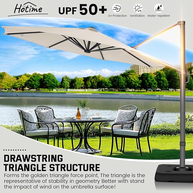 Hotime 10ft Patio Umbrella Outdoor Patio Windproof and Height adjustable, Heavy Duty Aluminum Round Offset Patio Umbrella Cantilever Pool Umbrella with 360°Rotation for Garden Deck Pool, Beige