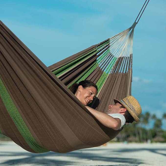 LA SIESTA Flora Classic Cotton Hammock with TreeMount & Straps - Extra Large Patio & Indoor / Outdoor Hammock Bed, 2 Person King Size, Chocolate