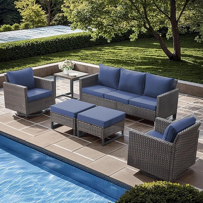 Wicker Patio Furniture Set, 6 PCS Outdoor Patio Furniture Set with Swivel Chairs, Includes 2 Swivel Patio Chairs, 1 Outdoor Couch, 1Side Table and 2 Ottoman, Brown/Blue