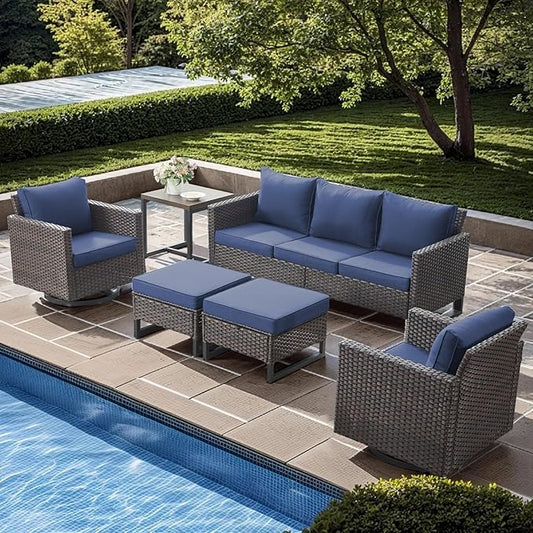 Wicker Patio Furniture Set, 6 PCS Outdoor Patio Furniture Set with Swivel Chairs, Includes 2 Swivel Patio Chairs, 1 Outdoor Couch, 1Side Table and 2 Ottoman, Brown/Blue