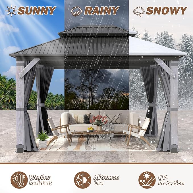 10x12FT Wood Gazebo,Outdoor Wooden Hardtop Gazebo with Galvanized Steel Doule Roof,Cedar Wood Frame Gazebos with Netting &Curtainfor Patio Backyard Deck