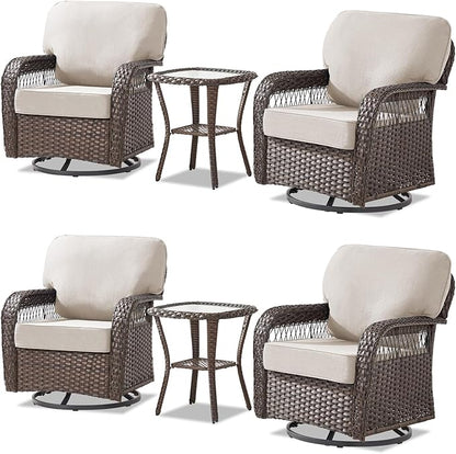 Patio Furniture Sets, 4 Pieces Wicker Outdoor Furniture with Patio Sidetables - 360 Degree Swivel Rocking Chairs and Rattan Side Table for Garden, Porch, Backyard, Beige/Brown Wicker
