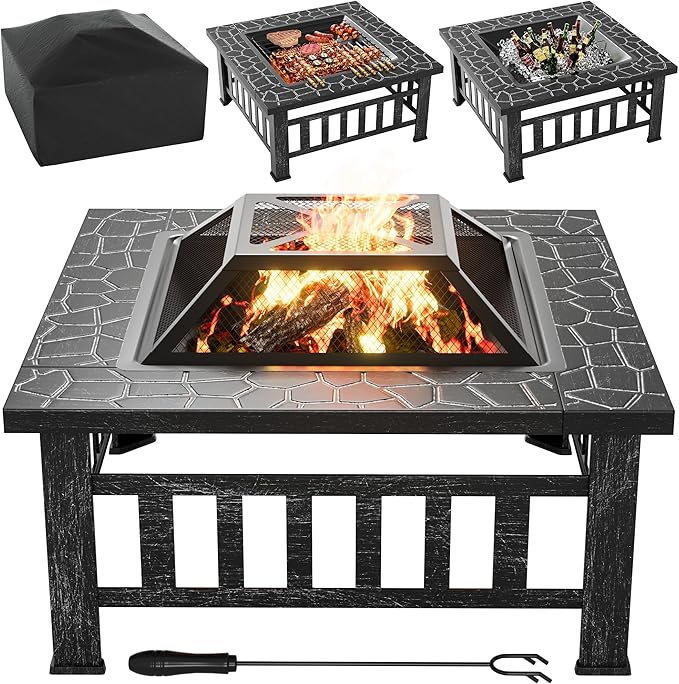 Flamaker Outdoor Fire Pit 32 Inch Firepit Tables Backyard Mutifunctional Square Metal Stove Wood Burning with Cover Poker for Patio, Camping, Bonfire (Silver)