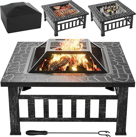 Flamaker Outdoor Fire Pit 32 Inch Firepit Tables Backyard Mutifunctional Square Metal Stove Wood Burning with Cover Poker for Patio, Camping, Bonfire (Silver)