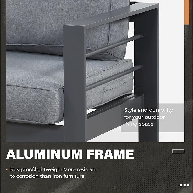 Solaste Aluminum Patio Furniture Set for All Weather, Oversized Metal Outdoor Furniture Set with 27.5" Deep Seating and 3.2" Wide Armrest, Outdoor Patio Conversation Set with 5" Cushion, Grey