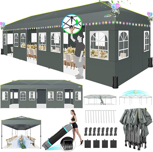 COBIZI 10x30 Pop Up Canopy Tent with Sidewalls One Push Outdoor Wedding Event Tent UPF 50+ Waterproof Gazebo with Air Vent, Tents for Party, Wheeled Bag, Sandbag, Stake, Rope, Grey