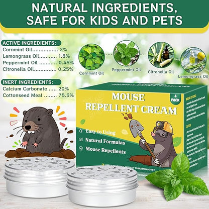 4-Pack Rodent Mouse Repellent Ointment – Natural Peppermint Mice & Moles Deterrent Paste for Garden & Lawn – Humane, Easy-Apply Formula for Long-Lasting Mole Gopher Control