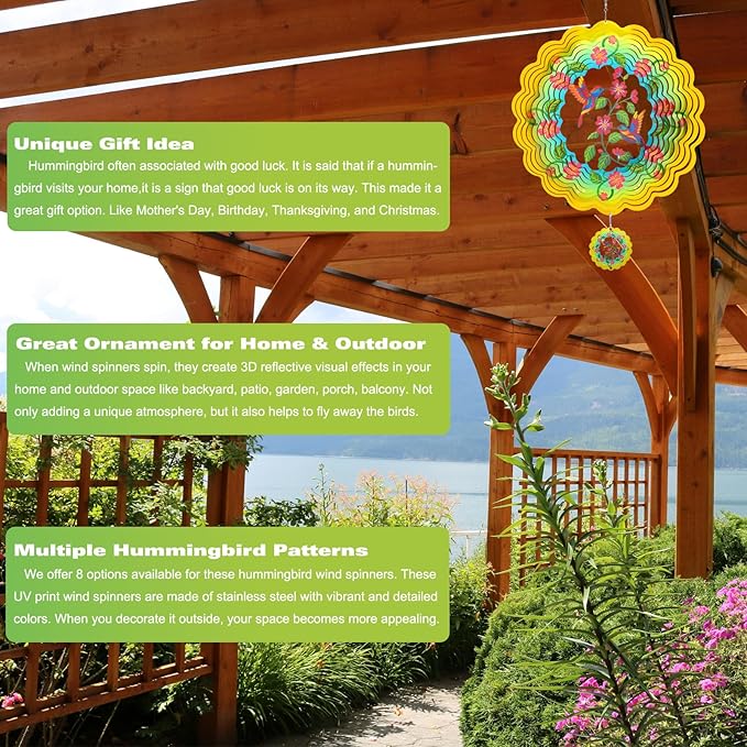 Wind Spinners - 12 Inches Large Hummingbird Wind Sculptures, 3D Reflective Metal Wind Spinner for Yard and Garden, Hummingbird Gifts for Daughter, Mom, Grandma's Birthday, Yellow Green