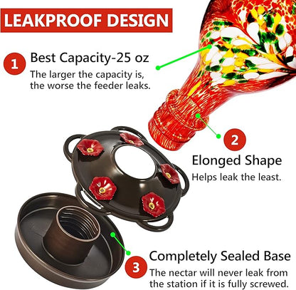 LUJII Hummingbird Feeder for Outdoors, Hand Blown Glass Humming Bird Feeder, Anti Fade Leakproof with 25 Ounces Nectar Capacity, Easy to Install Clean Refill, Include Hook & Ant Moat (Red)