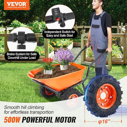 VEVOR Electric Wheelbarrow Cart, 500W Powered Utility Garden Wagon Dump Cart, 4.5 Cu. Ft. Load & 573 lbs Capacity with Metal Handle & 16" Track Wheels, Two Wheel Barrow Yard Cart & Wagons for Lawn