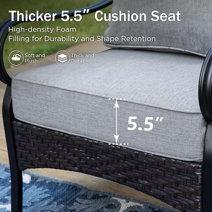 PHI VILLA Outdoor Modern Patio Furniture Set, Upgraded Wicker&Metal Patio Furniture Conversation Set with Waterproof Thick Cushions for Porch, Poolside, Deck, and Yard (5 Pieces,Grey)