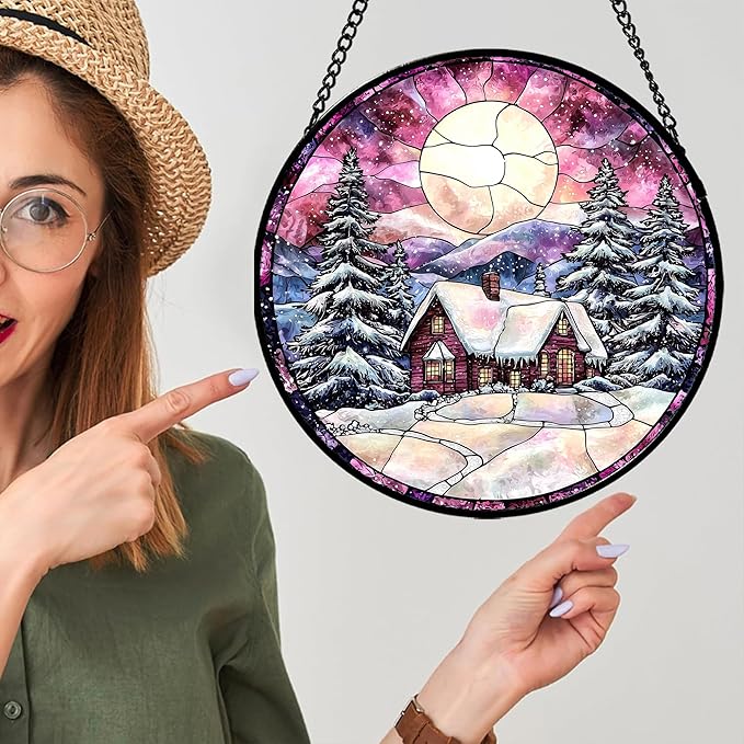 Stained Glass Window Hanging - Winter Snow Scene Cabin Moon Sun Catcher for Door Garden Home Decor Pine Tree Suncatcher Christmas Mother's Day Birthday Gifts for Women Men Mom Nana 6.3 in