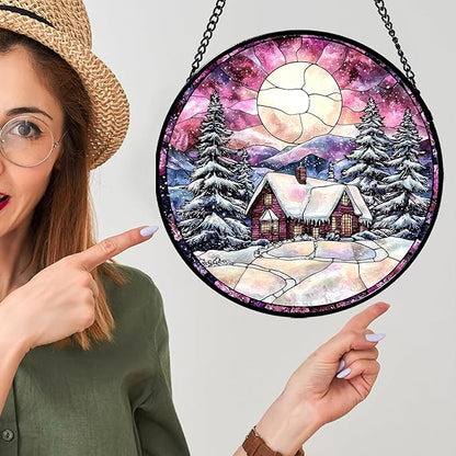 Stained Glass Window Hanging - Winter Snow Scene Cabin Moon Sun Catcher for Door Garden Home Decor Pine Tree Suncatcher Christmas Mother's Day Birthday Gifts for Women Men Mom Nana 9.8 in