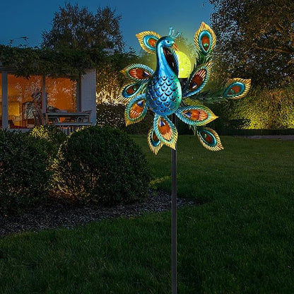 Solar Wind Spinner Outdoor Metal Kinetic Wind Spinners with LED Lighting Glass Ball Peacock Wind Spinner with Stake Decorative Windmill for Yard Lawn Garden Patio Decor