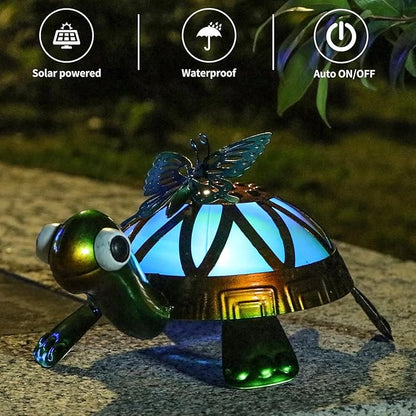 Solar Garden Outdoor Statues with Butterfly, Metal Garden Turtle Statue Solar Lights Outdoor Tortoise Figurines for Patio, Lawn, Yard Ornament, Housewarming Gifts
