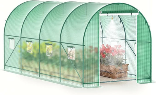 GOJOOASIS Greenhouse with Water System Outdoor Green House for Outside Winter Heavy Duty Large Walk-in Tunnel Portable Greenhouses for Backyard Plants Shed (15'x7'x7' w/ Irrigation System)