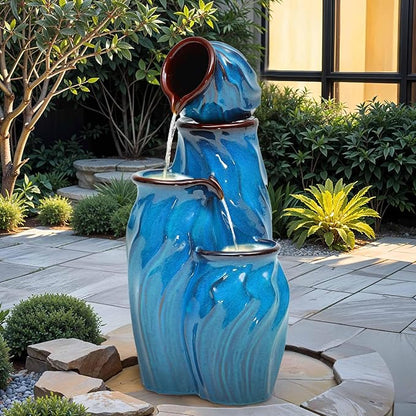 29" Ceramic Outdoor Fountain with Lights, 4-Tier Pots Waterfalls Patio Water Fountain, Tranquil Oasis for Relaxing Garden, Yard, or Porch Decor, Turquoise, Dynamic Wave-Texture