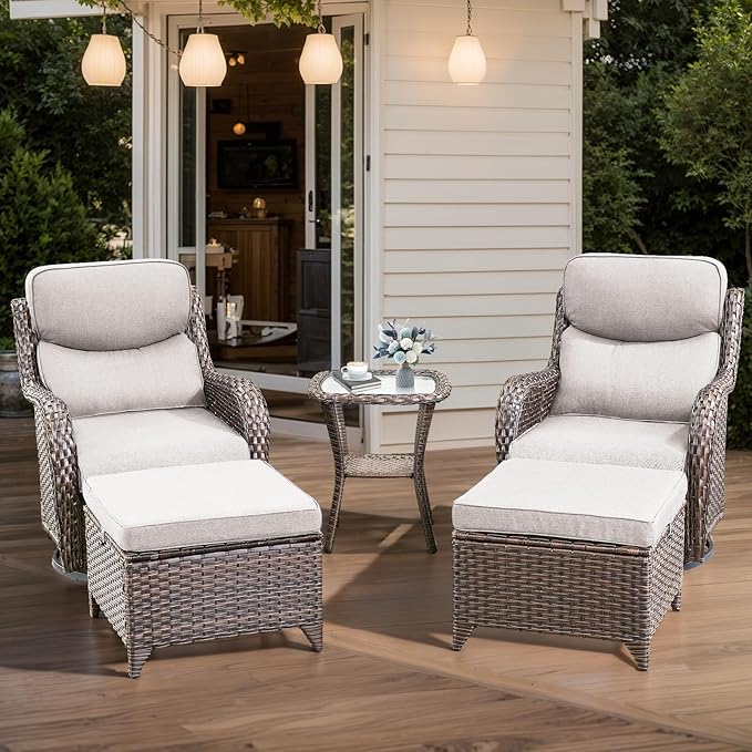 HUMMUH 6-Piece Outdoor Wicker Patio Furniture Set with Swivel Glider Chairs, Loveseat & Ottomans 5” Olefin Cushions Ergonomic Neck-Lumbar Backrest All-Weather Rattan for Garden, Deck, Porch