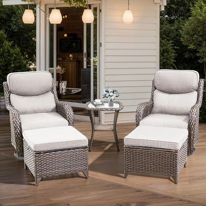 HUMMUH 6-Piece Outdoor Wicker Patio Furniture Set with Swivel Glider Chairs, Loveseat & Ottomans 5” Olefin Cushions Ergonomic Neck-Lumbar Backrest All-Weather Rattan for Garden, Deck, Porch