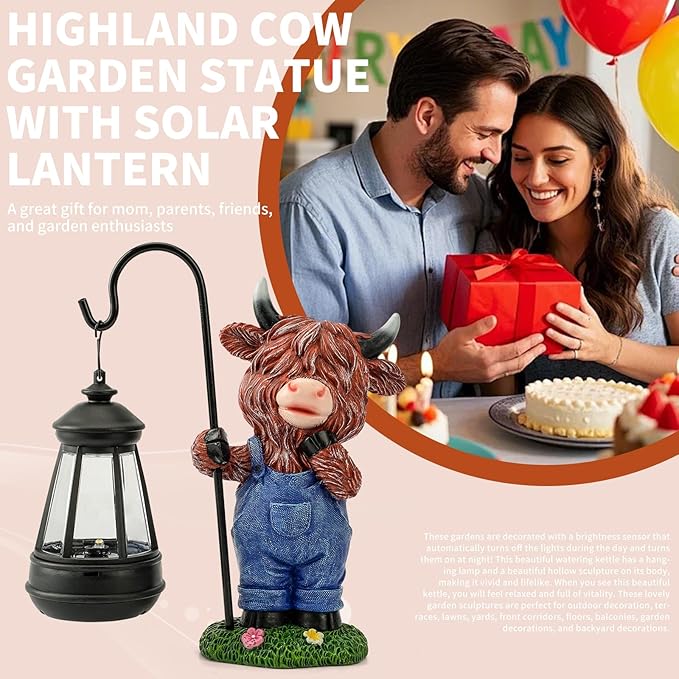 Solar Highland Cow Statue for Garden Decor: Outdoor Highland Cattle Sculpture with Lantern Clearance for Yard Balcony Lawn Patio Ornaments - Gifts for Mom Women Grandma