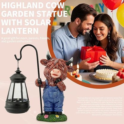 Solar Highland Cow Statue for Garden Decor: Outdoor Highland Cattle Sculpture with Lantern Clearance for Yard Balcony Lawn Patio Ornaments - Gifts for Mom Women Grandma