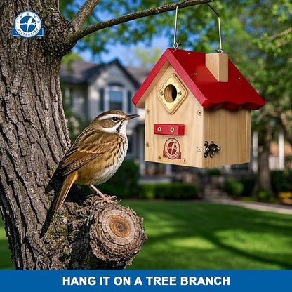 Wren Bird House, Premium Wooden Bird Houses for Outside, Classic Cabin Design Birdhouses for Outdoors, Hanging Bird House, Red-Breasted Nuthatch Wren Chickadee