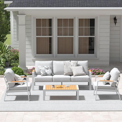 Aluminum Outdoor Coffee Table - White Rectangle Patio Tables with Teak Top for Deck, and Poolside