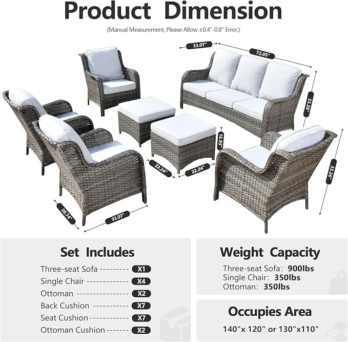 HOOOWOOO Patio Furniture Set,7 Piece Outdoor Furniture,Wicker Patio Conversation Couch Chairs Ottoman Set,Light Gray